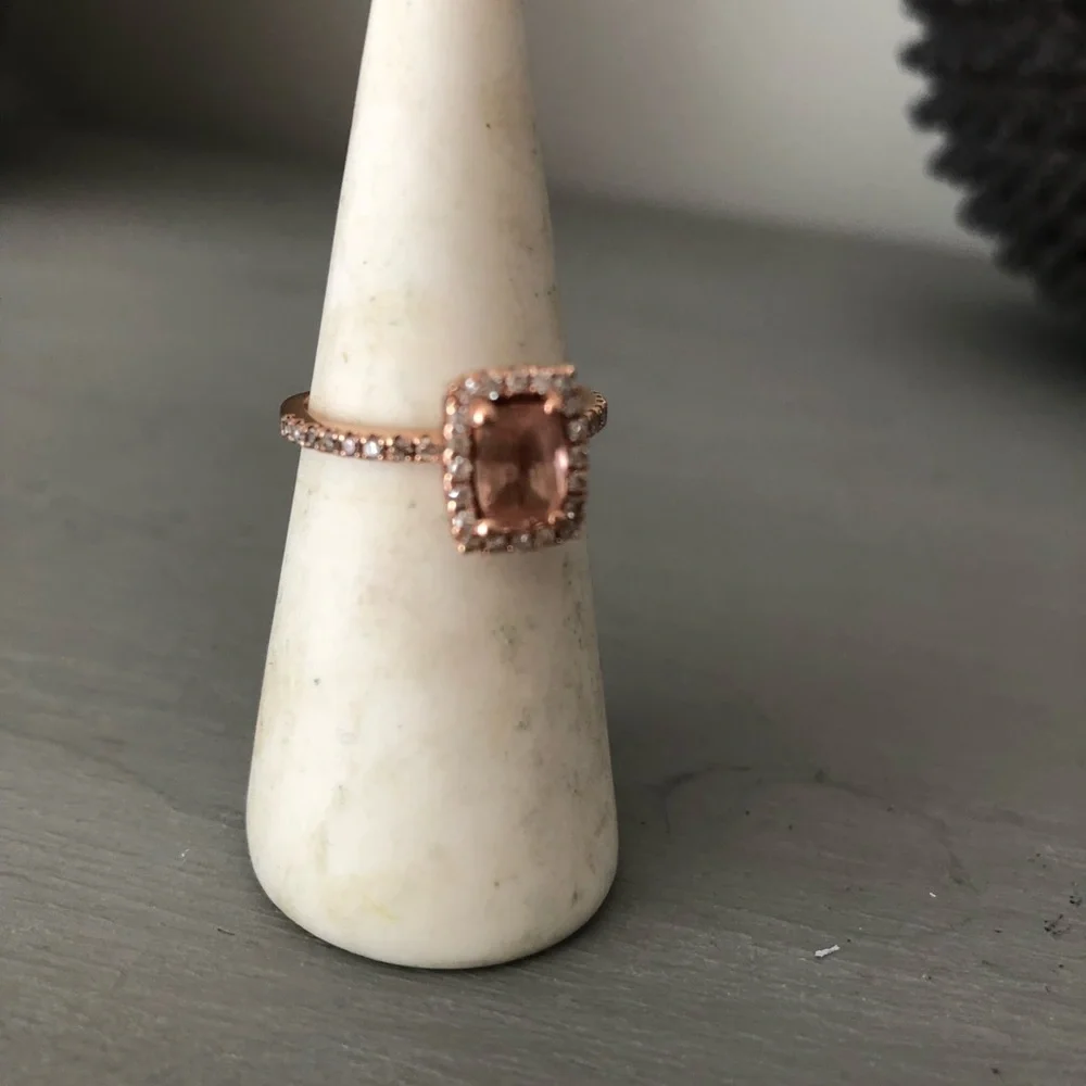 14k rose gold, diamond and emerald cut peach sapphire engagement ring - Picture 11 of 16